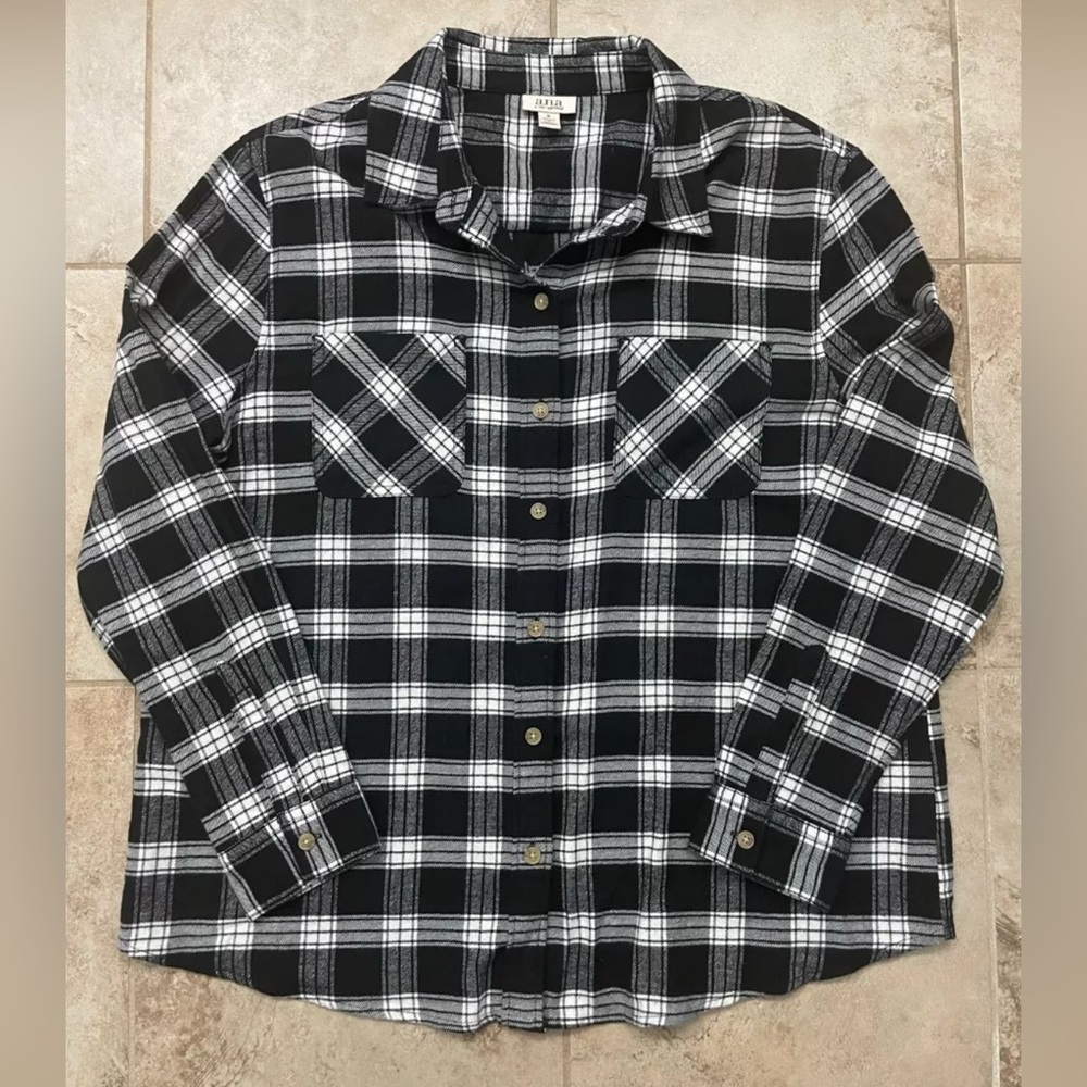 ANA A New Approach Womens Button Up Flannel Shirt Long Sleeve Relaxed Fit Size M